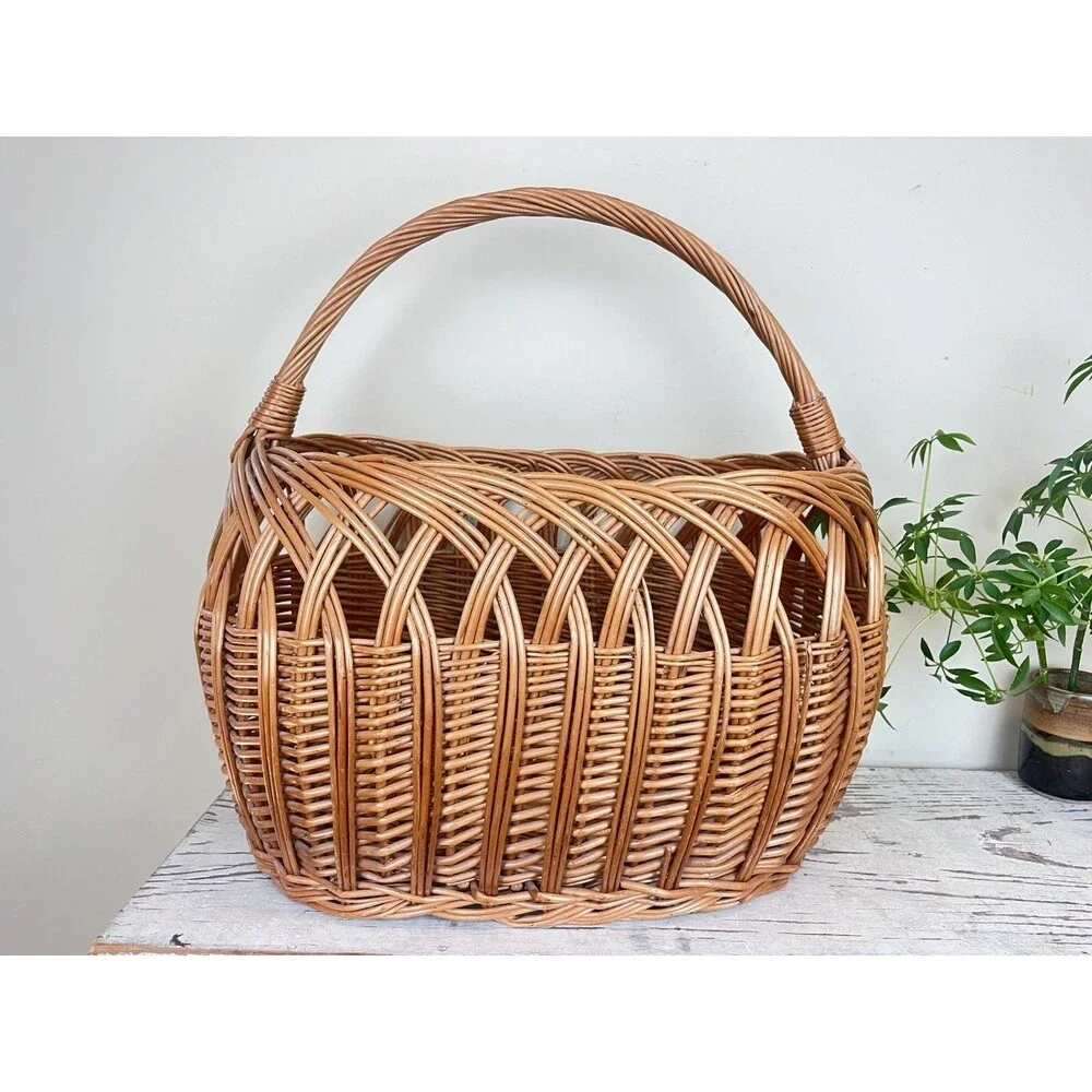 Vintage Polish Willow Wicker Woven High Arch Gathering Basket 20” x 16” Country